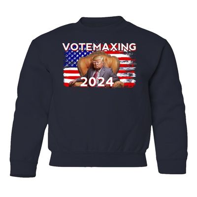 superhotapparel Votemaxing 2024 Elections Trump American Flag Funny Youth Crewneck Sweatshirt (Navy, Youth Large)