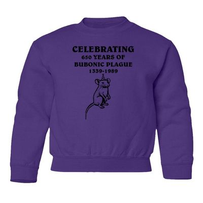 superhotapparel Celebrating 650 Years Of Bubonic Plague Rat 1339-1989 Youth Crewneck Sweatshirt (Purple, Youth Small)