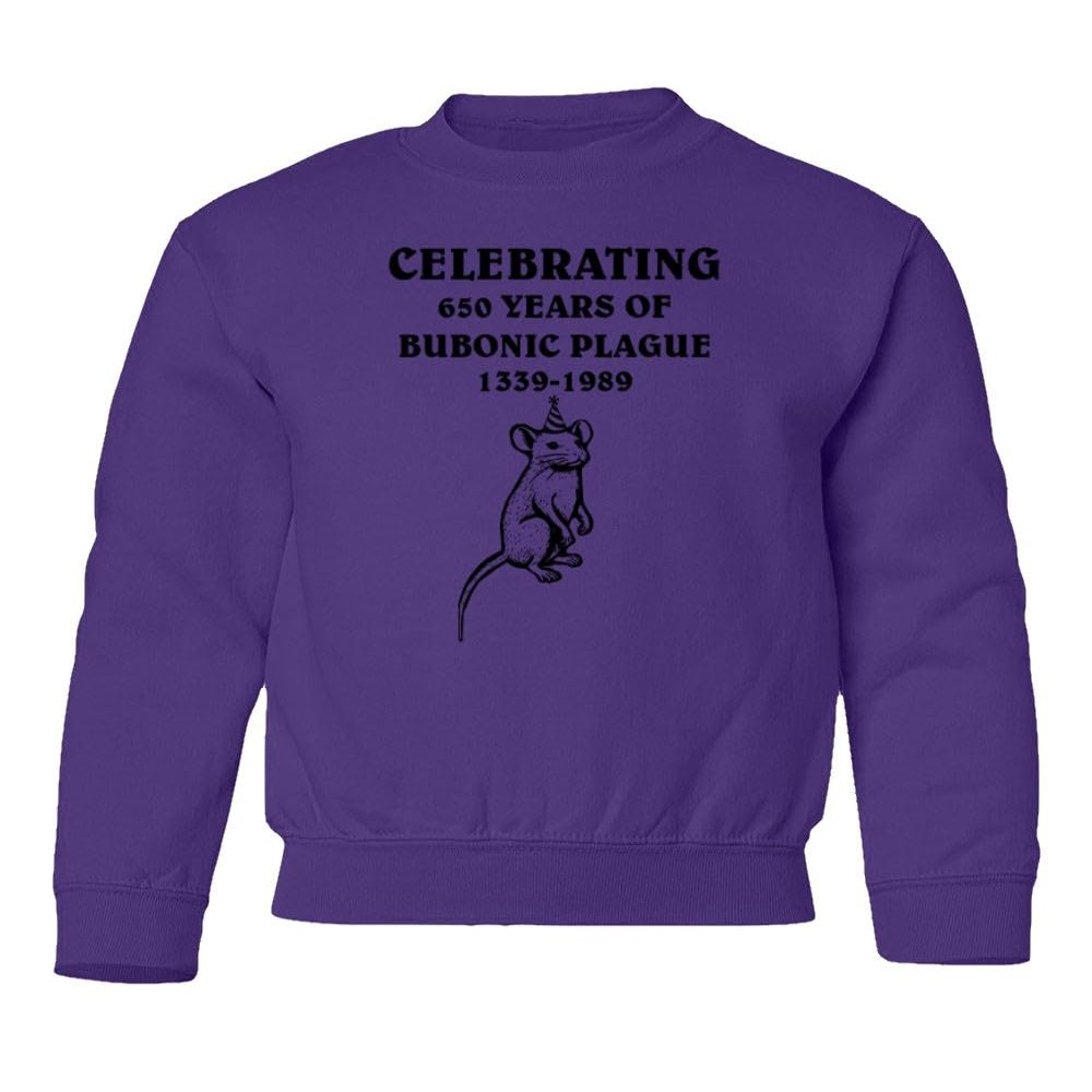 superhotapparel Celebrating 650 Years Of Bubonic Plague Rat 1339-1989 Youth Crewneck Sweatshirt (Purple, Youth Small)