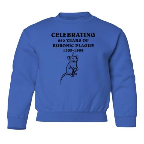 superhotapparel Celebrating 650 Years Of Bubonic Plague Rat 1339-1989 Youth Crewneck Sweatshirt (Royal, Youth Small)