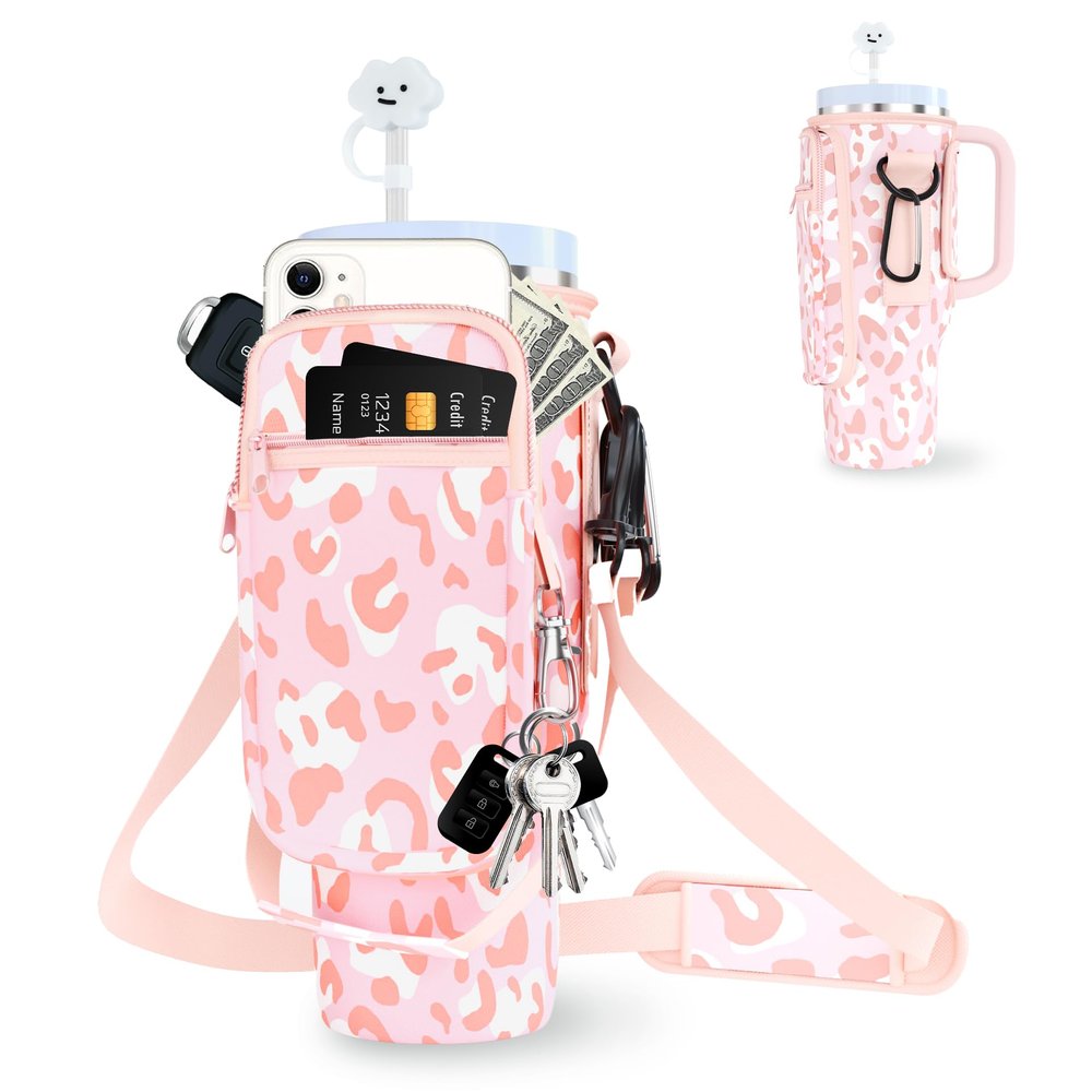 dabria Water Bottle Carrier Bag with Phone Pocket for Stanley 40/30 oz Tumbler Neoprene Water Bottle Holder Pouch with Adjustable Strap Bollus with Straw Cover for Stanley Cup Accessories