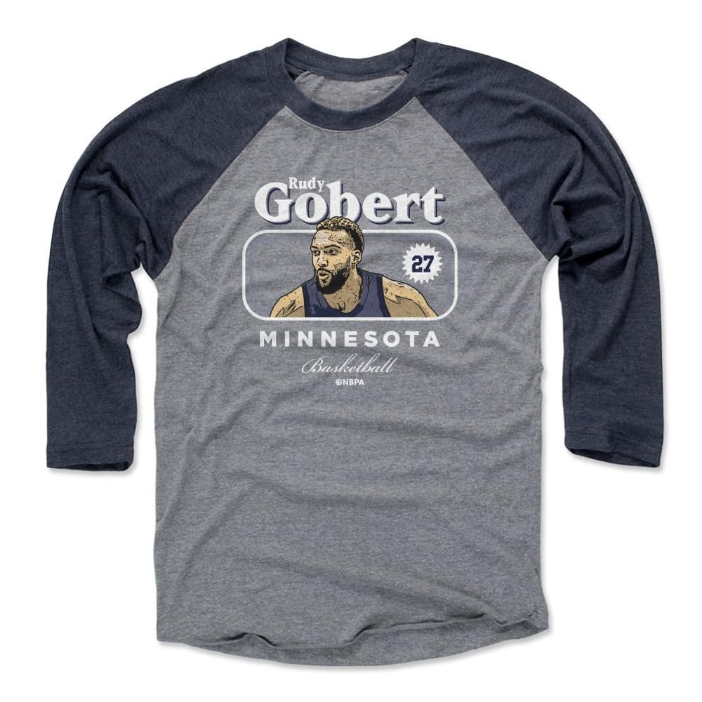 500 LEVEL Rudy Gobert 3/4 Sleeve T-Shirt (Baseball Tee, XXX-Large, Navy/Heather Gray) - Rudy Gobert Minnesota Cover WHT