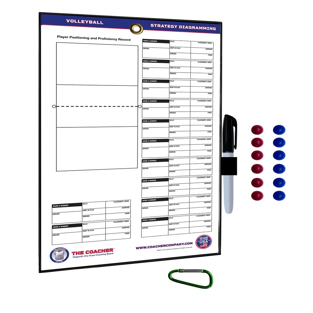 The Coacher Volleyball Premium Dry Erase Magnetic Coaching Coach Board Clipboard - Made in The USA - Double-Sided - Training Aids Supplies Equipment Gear (12 Ceramic Player Magnets)