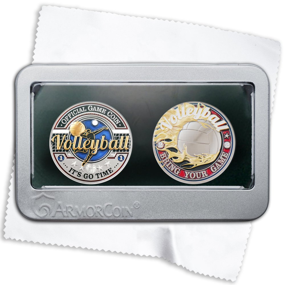 Armor Coin & Emblem - Volleyball Challenge Coin - Game -Memorabilia - Encouragement Gift Ideas - Recognition for Volleyball Player Coach Official (with Tin Box Set of 2)