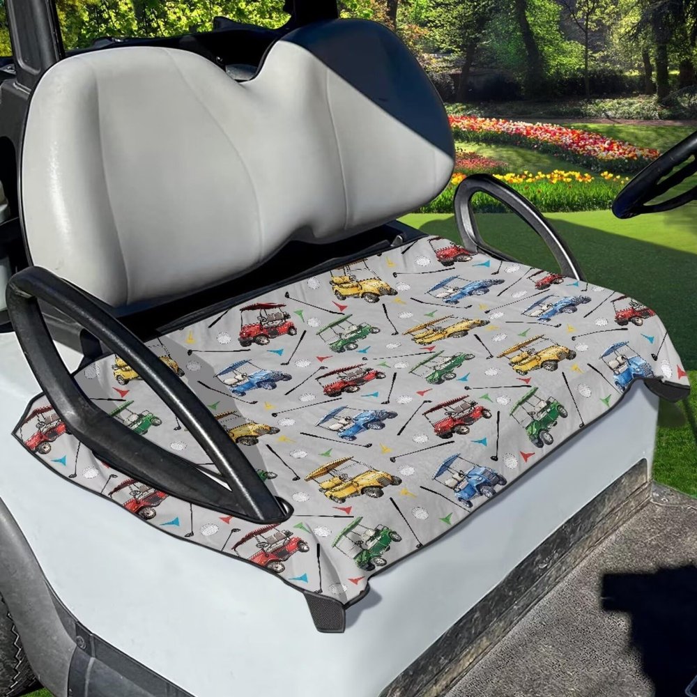 Suobstales Sightseeing Bus Print Golf Cart Seat Covers, Golf Ball Pattern Golf Cart Seat Blanket/Towel for More 2-Person Seats Club Car, Summer Golf Cart Seat Accessories, Easy to Install