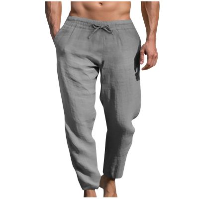 Men's Sweatpants Casual Linen Pants Elastic Waisted Drawstring Lightweight Workout Athletic Jogger Pants with Pockets Gray