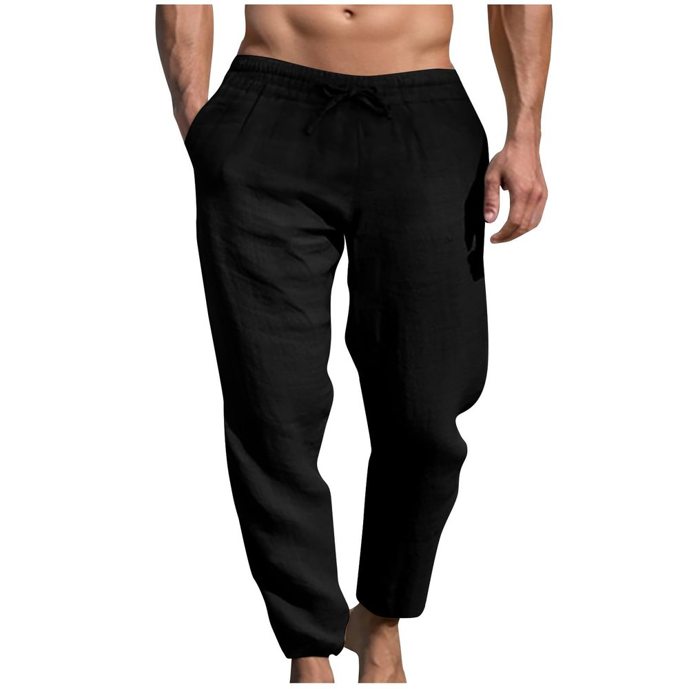 Men's Sweatpants Casual Linen Pants Elastic Waisted Drawstring Lightweight Workout Athletic Jogger Pants with Pockets Black