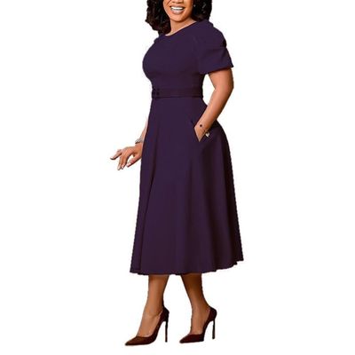 GHAKKE Women's Stylish Round Neck Puff Sleeve Dress Elegant Short Sleeve High Waist A-Line Big Swing Office Dress with Belt (Color : Deep Purple, Size : Medium)