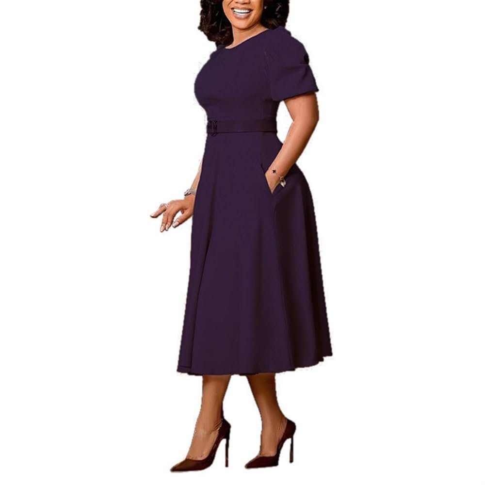 GHAKKE Women's Stylish Round Neck Puff Sleeve Dress Elegant Short Sleeve High Waist A-Line Big Swing Office Dress with Belt (Color : Deep Purple, Size : Medium)
