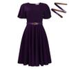 GHAKKE Women's Stylish Round Neck Puff Sleeve Dress Elegant Short Sleeve High Waist A-Line Big Swing Office Dress with Belt (Color : Deep Purple, Size : Medium) view 2