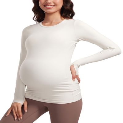 CRZ YOGA Butterluxe Maternity Crewneck Long Sleeve Shirts - Athletic Yoga Casual Pregnancy Womens Tee Tops Basic Layer Soft Milky White (Bone) Small