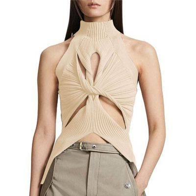 2024 Women Crop Top Sexy Cut Out Twist Front Knitted Tank Tops Sleeveless Y2K High Neck Cut Out Sweater Vest Beige