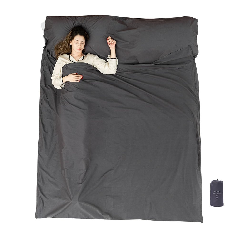 100% Cotton Double Sleeping Bag Liner with Full Zippers, 87x75 Adult Sleeping Sack for Travel & Camping, 2 Person Travel Sheets for Hotel, Lightweight, All Seasons