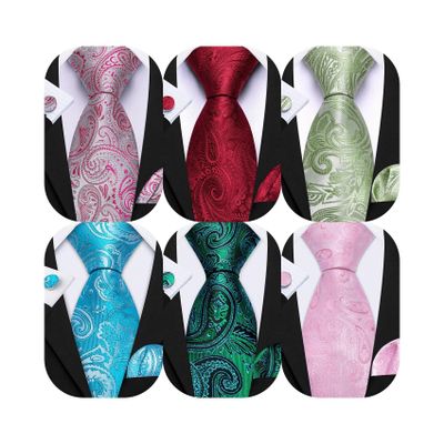 Barry.Wang Mens Red Green Paisley 6pcs Ties with Handkerchief Cufflinks Tie Clips Silk Jacquard Wedding Party Neckties