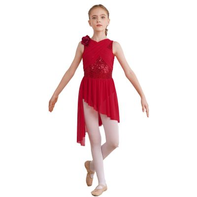 FEESHOW Girls Ballet Lyrical Dance Dress Shiny Sleeveless Cutout Back Leotard with High Low Skirt Dancing Costumes Burgundy A 10 Years
