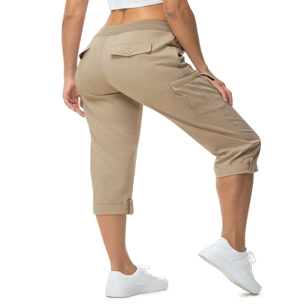 TBMPOY Womens Cargo Capris with Pockets Lightweight Hiking Capris Pants Quick Dry Casual Cropped Pants Summer Trip Cotton Khaki M