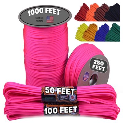 BORED? PARACORD! 550 lb Paracord - Ideal for Crafting, Camping, DIY Projects, Active & Military Outdoors - Strong Survival Rope - Tactical Parachute Cord Type III - Neon Pink 50 Feet