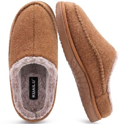 KuaiLu Mens Clog Slippers with Comfy Arch Support Orthotic Plantar Fasciitis Memory Foam Slippers for Men Winter Warm fluff Faux Fur Slip on Felt Houes Shoes Hard Rubber Sole Khaki size 9