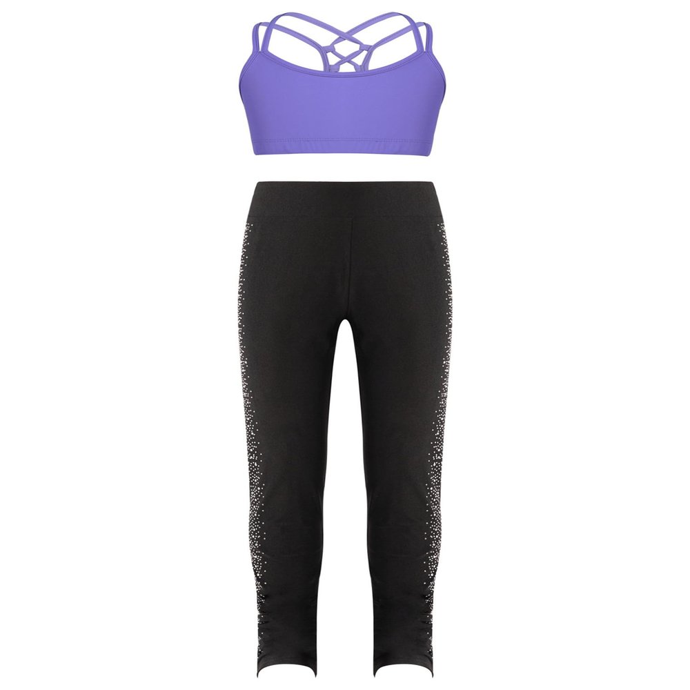 Huimingda Kid Girls Dance Outfits Dancewear 2 Piece Crop Top and Shiny Leggings Set Gymnastics Tracksuit Sparkly Lavender 6 Years