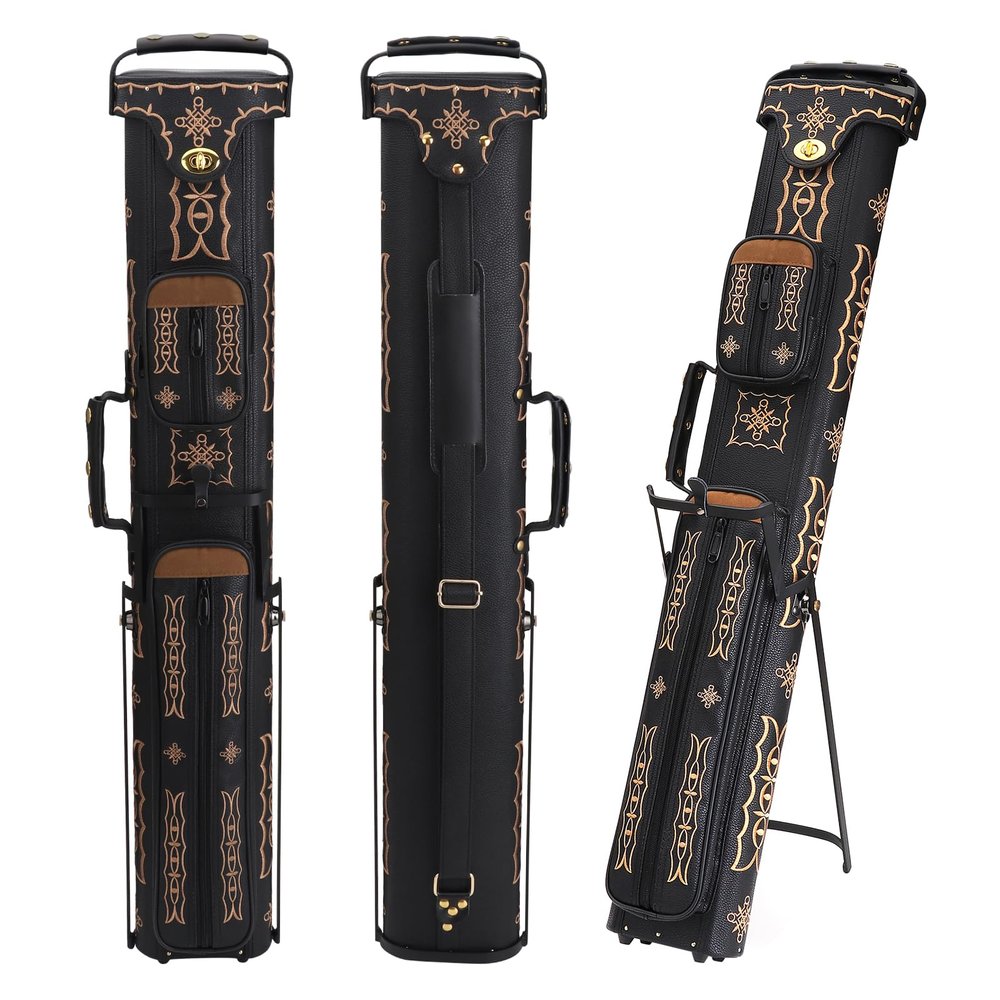 Oztwel 2x4 Pool Cue Case, Hard Pool Cue Case, Billiard Cue Case with Stand, Billiards Accessories Holds 2 Cue Butt and 4 Cue Shafts (Black Embroidery)