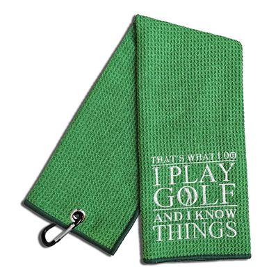WUUCKOO That's What I Do I Play Golf and I Know Things Embroidered Green Golf Towel, Funny Golf Towel for Golf Bag with Clip, Thanksgiving Birthday Retirement Gift for Grandpa Dad Golfer Golf Lover