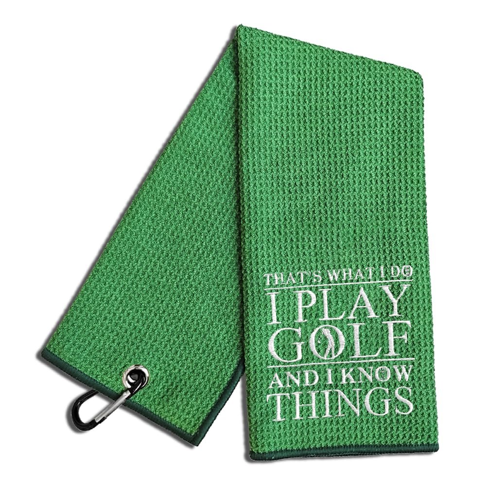 WUUCKOO That's What I Do I Play Golf and I Know Things Embroidered Green Golf Towel, Funny Golf Towel for Golf Bag with Clip, Thanksgiving Birthday Retirement Gift for Grandpa Dad Golfer Golf Lover