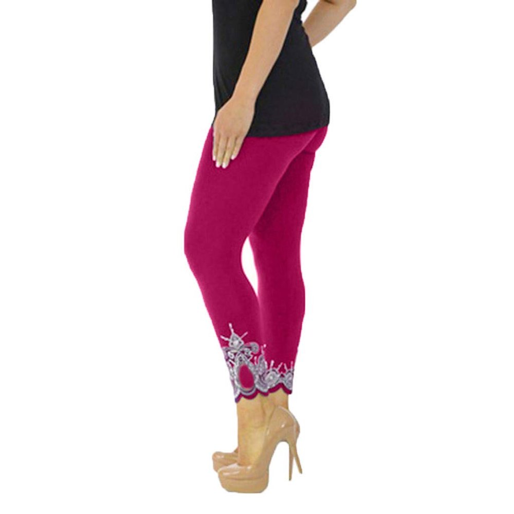 JOFOW Women Sport Yoga Print Workout Mid Waist Running Pants Fitness Elastic Leggings (Hot Pink, XL)