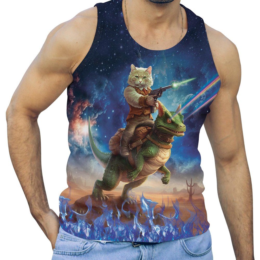 Cat Men's Tank Tops - Riding Dinosaur 3D Sleeveless Mens Undershirts Tank, Mens Workout Tank Tops Set 03 Size S