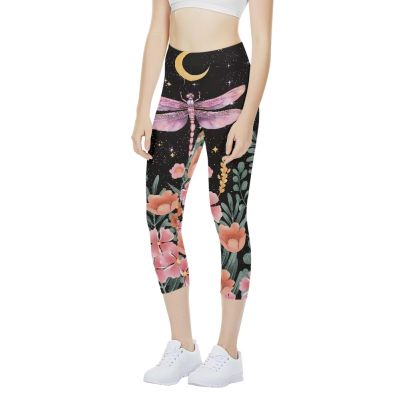 AFPANQZ Casual Yoga Leggings for Women Dragonfly and Flower Moon Yoga Leggings Scrunch Butt Cycling Pants Lightweight Sport Leggings for Yoga Gym Running Athletic Pants