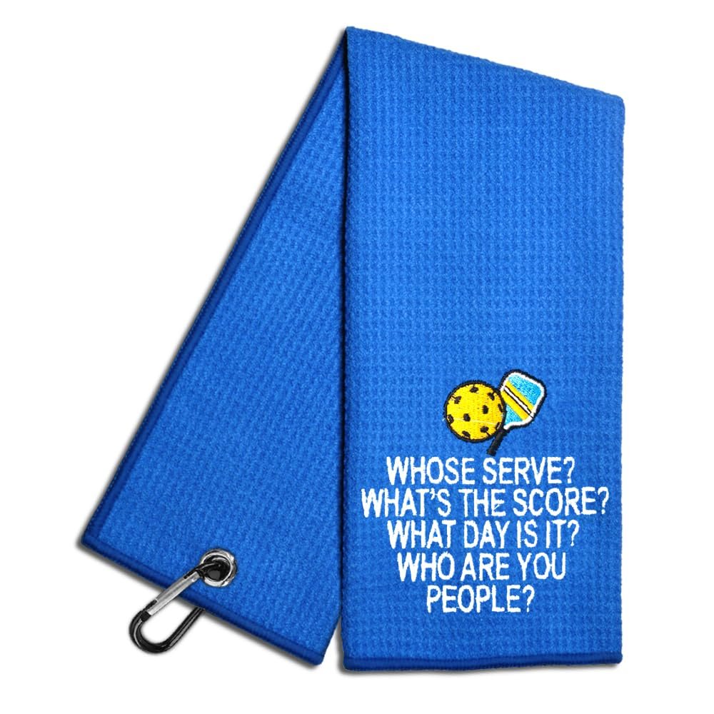 WUUCKOO Whose Serve Whats The Score Embroidered Towel, Funny Towel for Bag with Clip, Player Gift, Birthday Retirement Gift for Grandpa Pickleball Lover