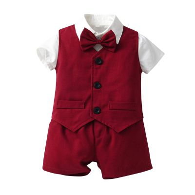 EnJoCho Cute Outfits Set for Baby Toddler Boys Short Sleeve Solid T Shirt Tops Vest Coat Shorts Children Kids Gentleman, Red