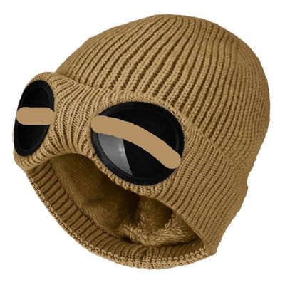 Winter Warm Knit Hats Unisex Adult Windproof Ski Caps with Removable Glasses Thicken Sports Multi-Function Caps (Color : Coffee, Size : One Size)