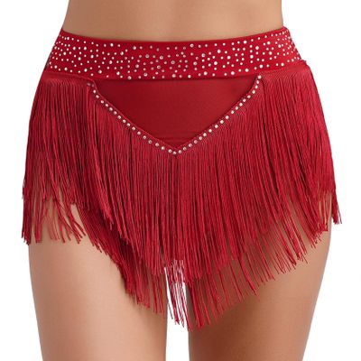 Hedmy Women's Belly Dance Skirts Shorts Elastic Irregular Tassel Fringe Shorts Booty Dance Bottoms Burgundy Medium