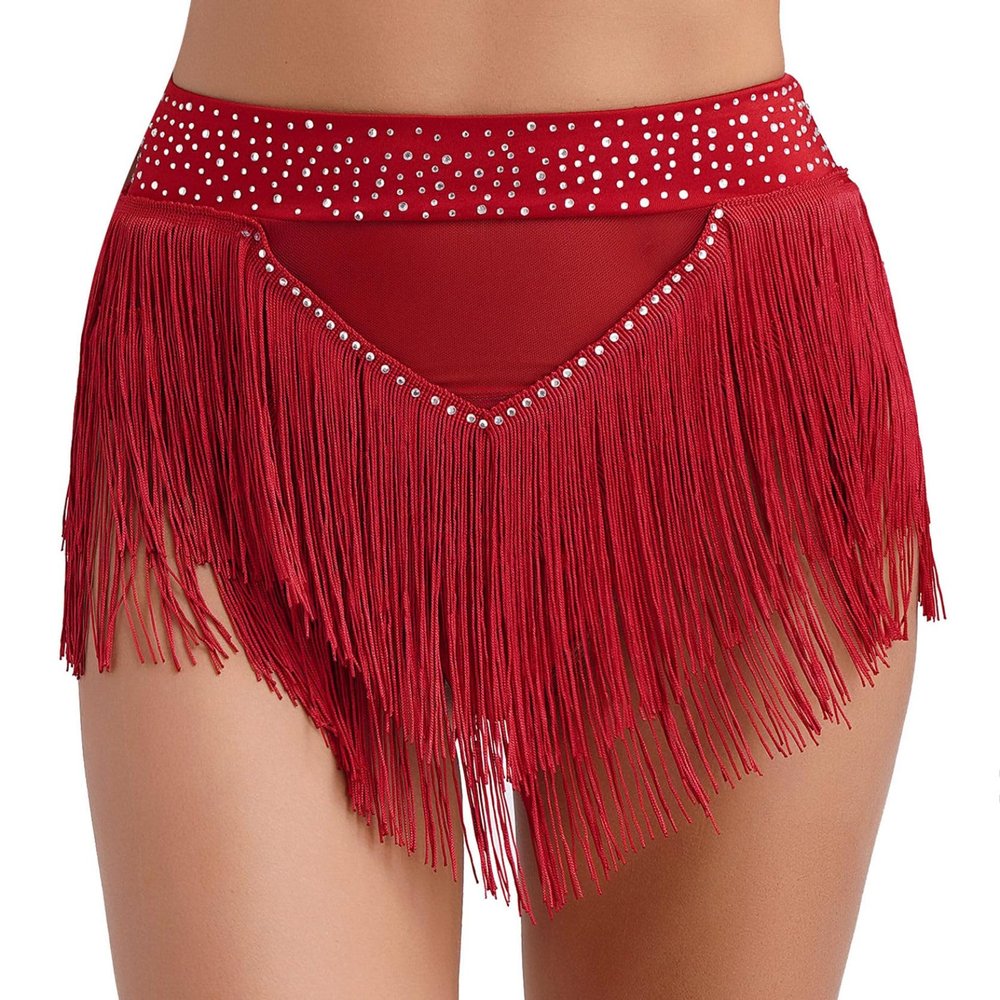 Hedmy Women's Belly Dance Skirts Shorts Elastic Irregular Tassel Fringe Shorts Booty Dance Bottoms Burgundy Medium