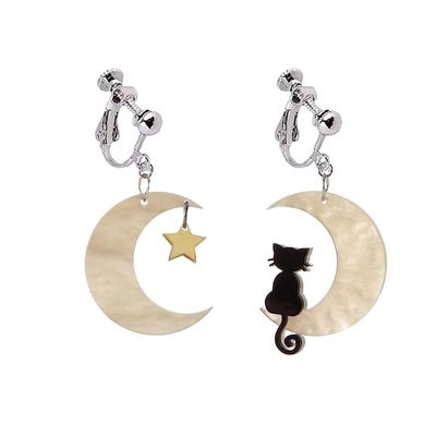 Moon Star Cat Clip on Earrings Halloween Earrings for Women Cute Acrylic Earrings (white)