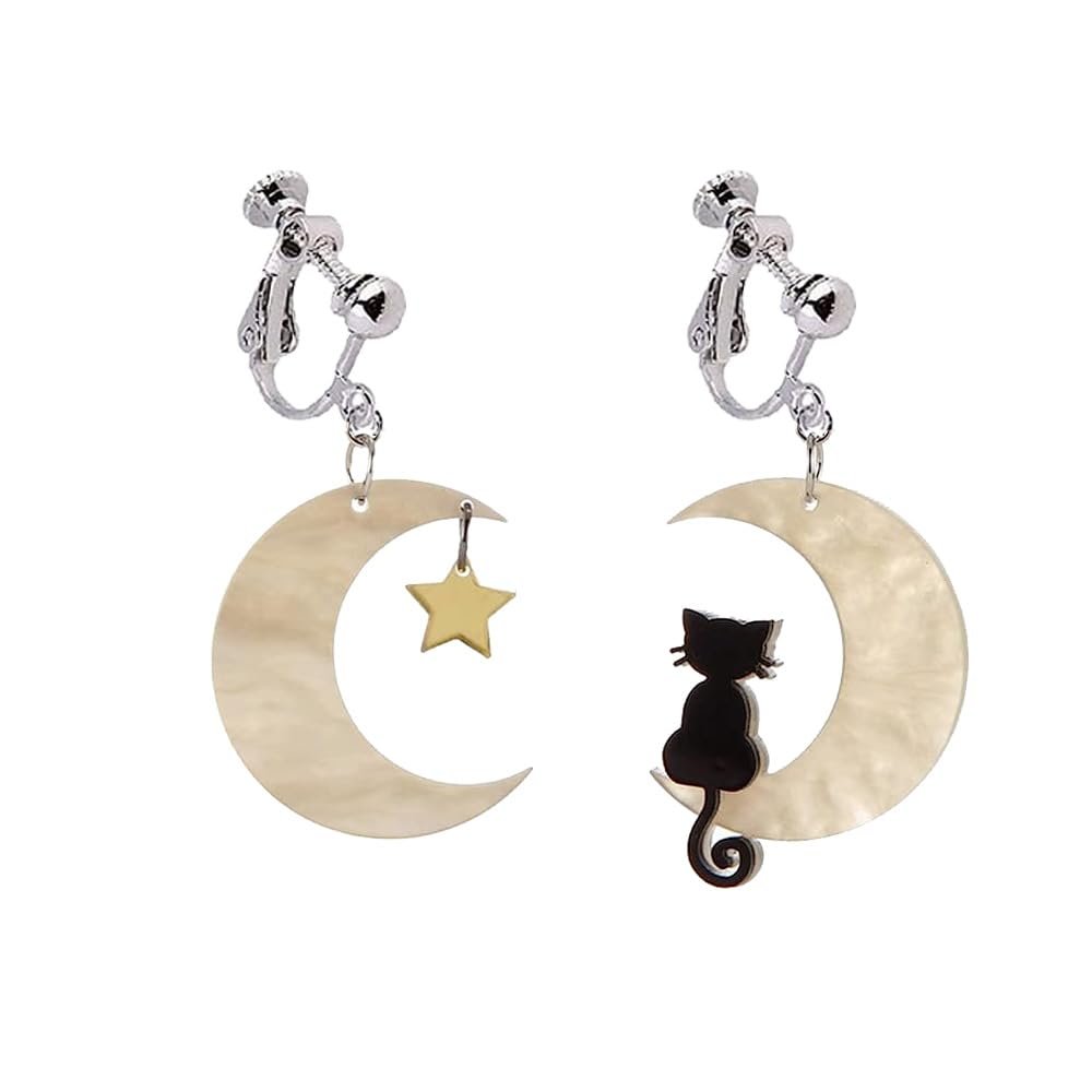 Moon Star Cat Clip on Earrings Halloween Earrings for Women Cute Acrylic Earrings (white)
