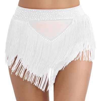 Hedmy Women's Belly Dance Skirts Shorts Elastic Irregular Tassel Fringe Shorts Booty Dance Bottoms White Medium