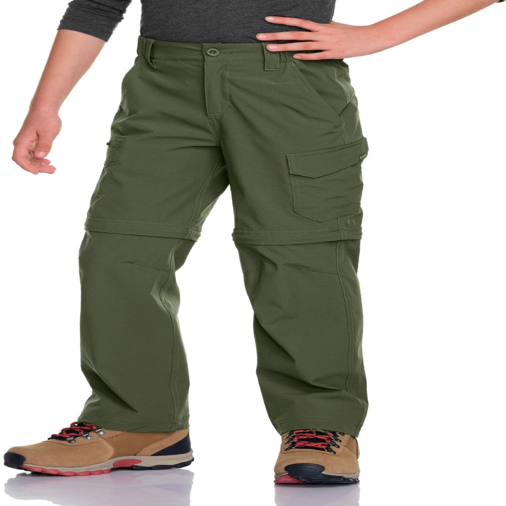 CQR Kids Youth Hiking Cargo Pants, UPF 50+ Quick Dry Convertible Zip Off Pants, Outdoor Camping Pants, Shenah Venture Army Green, Medium