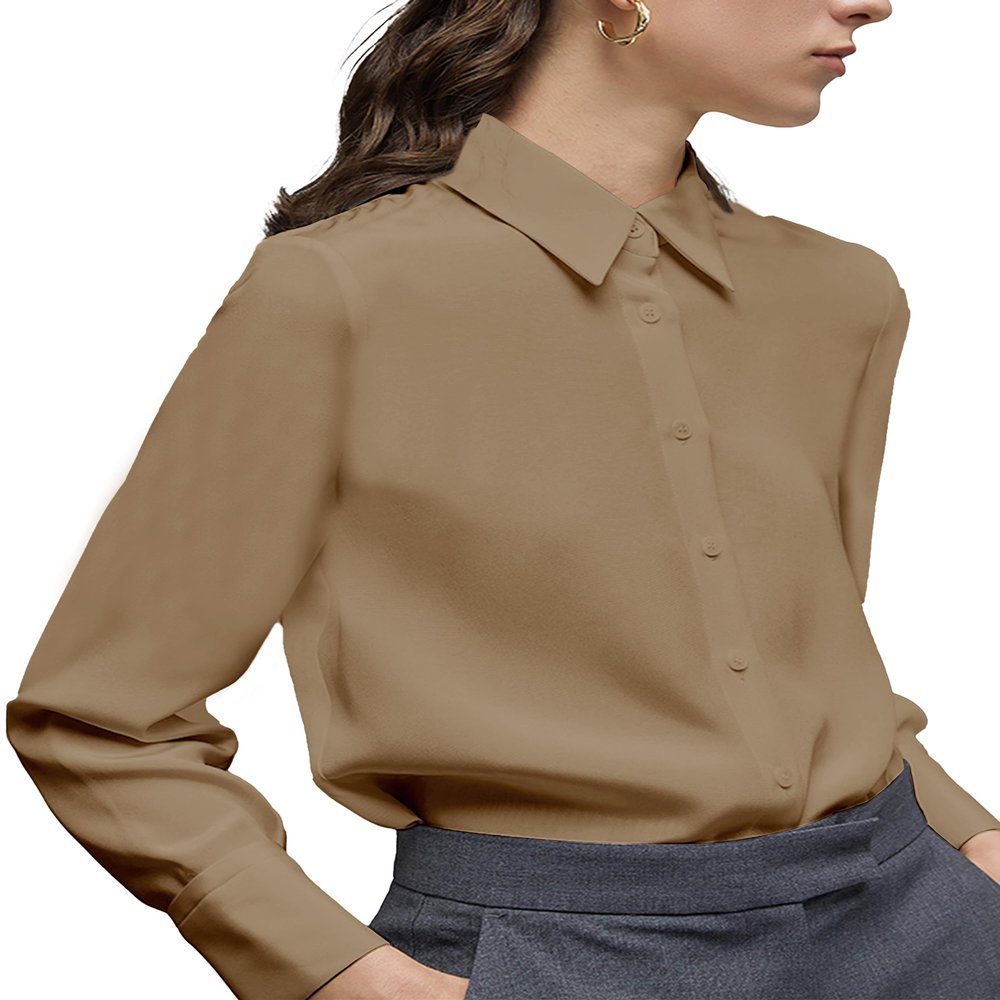 YAMANMAN Women's Button Down Shirt Classic Long Sleeve Collared Tops Work Office Chiffon Blouse