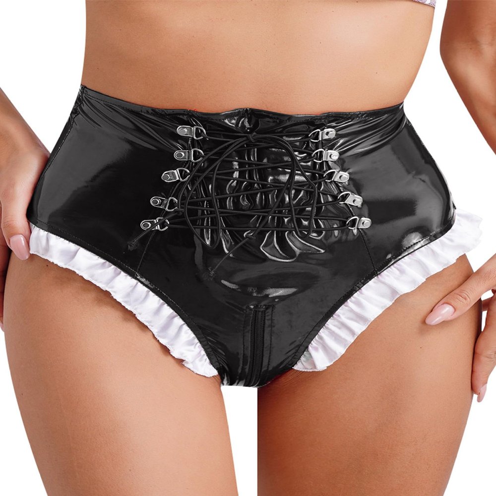 Lorilida Women Pole Dance Booty Shorts Latex Leahter Shorts Zipper Crotch Pantalon Corto Mini Shorts Black Small