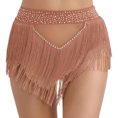 Lorilida Women Sequins Fringe Shorts Belly Dance Skirt Sparkly Tassels Rave Music Festival Bottoms Brown XX-Large