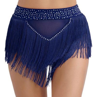 Hedmy Women's Belly Dance Skirts Shorts Elastic Irregular Tassel Fringe Shorts Booty Dance Bottoms Navy Blue Medium