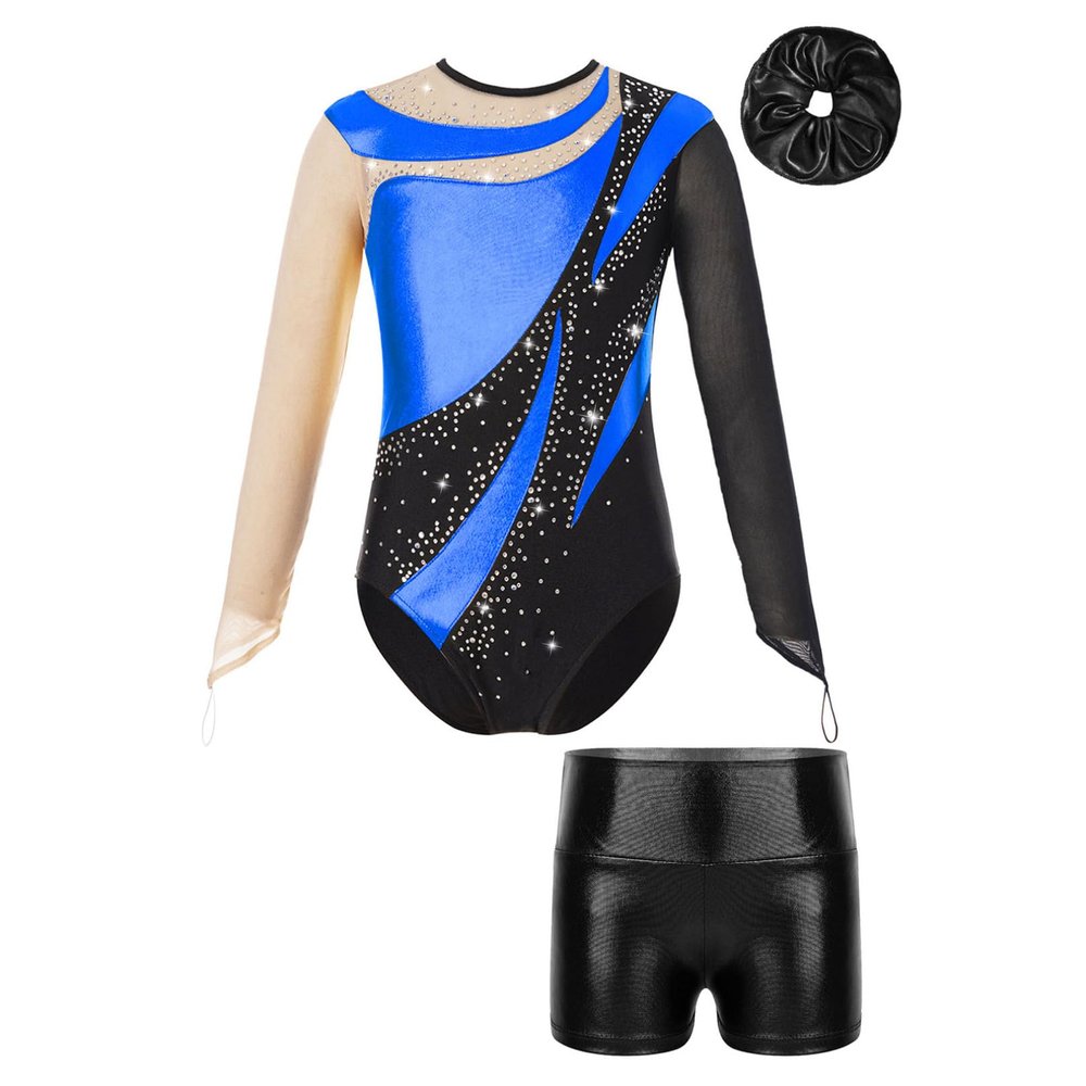 iiniim Kids 2pcs Sequins Dance Gymnastic Girls Metallic Leotards with Shorts Outfits Tracksuit Performance Costume Royal Blue&Black 10 Years