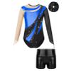 iiniim Kids 2pcs Sequins Dance Gymnastic Girls Metallic Leotards with Shorts Outfits Tracksuit Performance Costume Royal Blue&Black 10 Years view 1