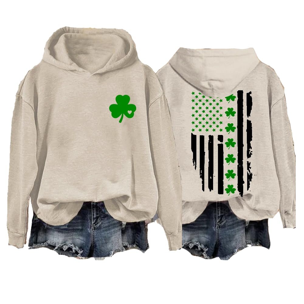 MOGUI Shamrock Flag St Patrick's Day Sweatshirt Women Long Sleeve Lucky Irish Gift Ireland Tee Beige