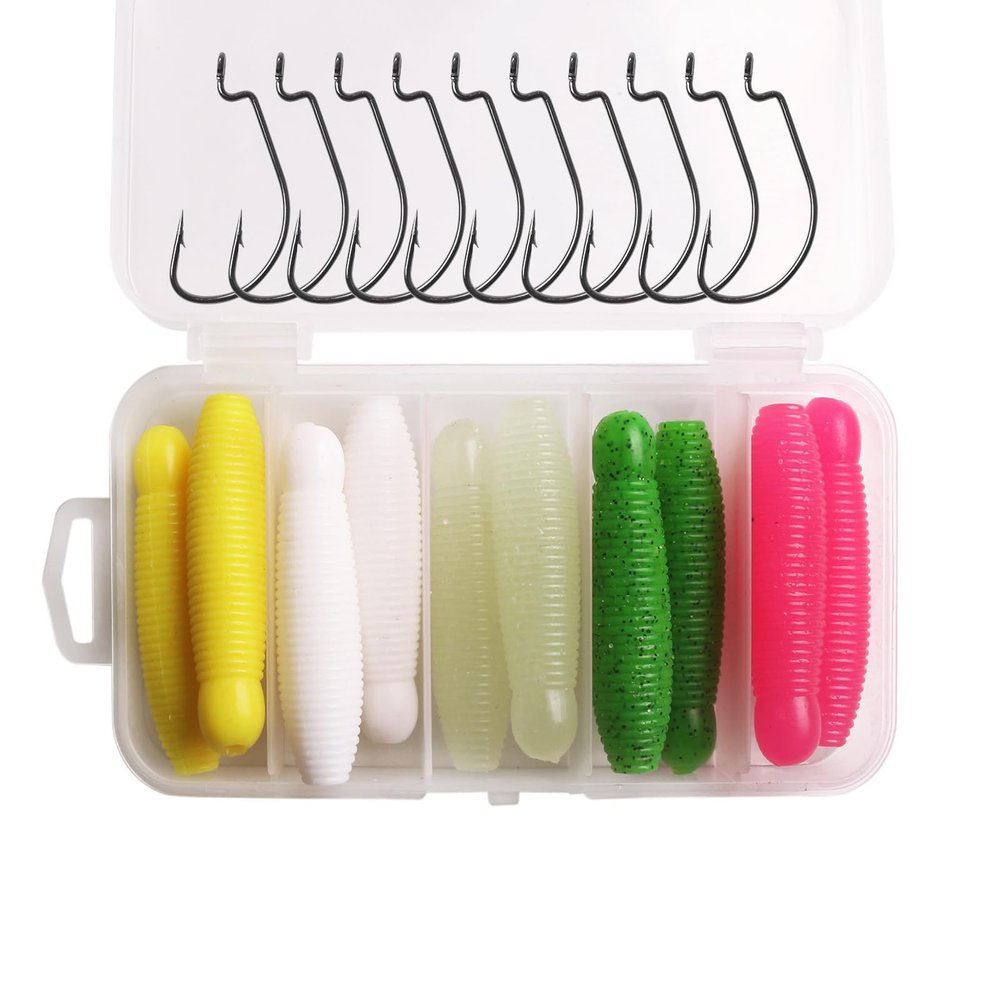 KTGCOZS Pack of 20 Soft Fishing Lures Worm Hooks Offset Worm Jig Fish Hook Crappie Jigs Heads Grub Worm Lures Fishing Kit