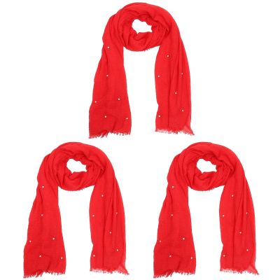 CALLARON 3Pcs Long Scarf for Women Shiny Pearls Shawl Scarf Flax Cotton Long Scarves Fashion Travel Wrap Scarf Comfortable Outdoor Decorative Head Scarf Shawl Red 74.6x39.3inch