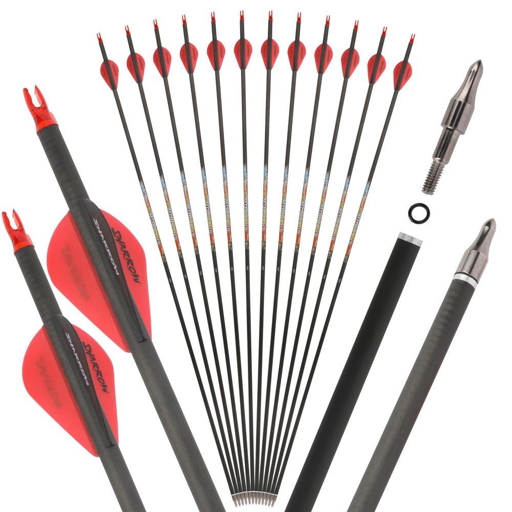 SHARROW 31" Carbon Arrows Hunting Arrows Spine 250 300 350 400 500 600 with Replaceable Tips Targeting Practice Arrows for Compound/Recurve/Long Bow 6/12pcs (12, Red & Black, Spine 600)