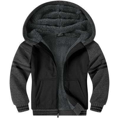 ZITY Boys Zip Up Hoodie Fleece Jacket Kids Sherpa Lined Sweatshirts Outerwear Warm Winter Coat Grey Black 8-9 Years Old