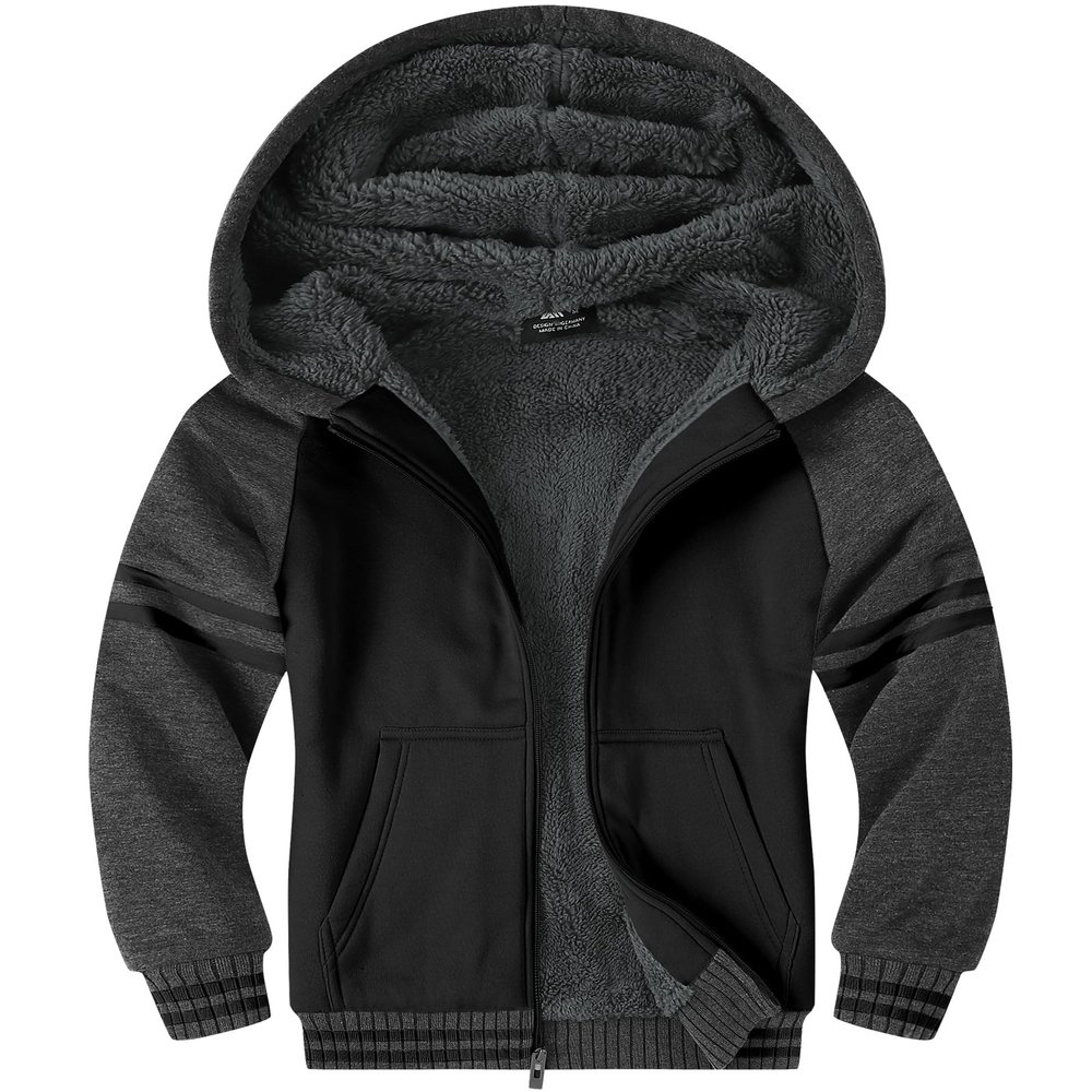 ZITY Boys Zip Up Hoodie Fleece Jacket Kids Sherpa Lined Sweatshirts Outerwear Warm Winter Coat Grey Black 8-9 Years Old
